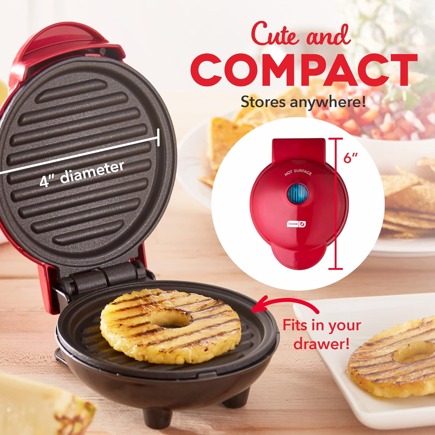 Mini Maker Portable Grill Machine + Panini Press for Gourmet Burgers, Sandwiches, Chicken + Other on the Go Breakfast, Lunch, or Snacks with Recipe Guide - Red