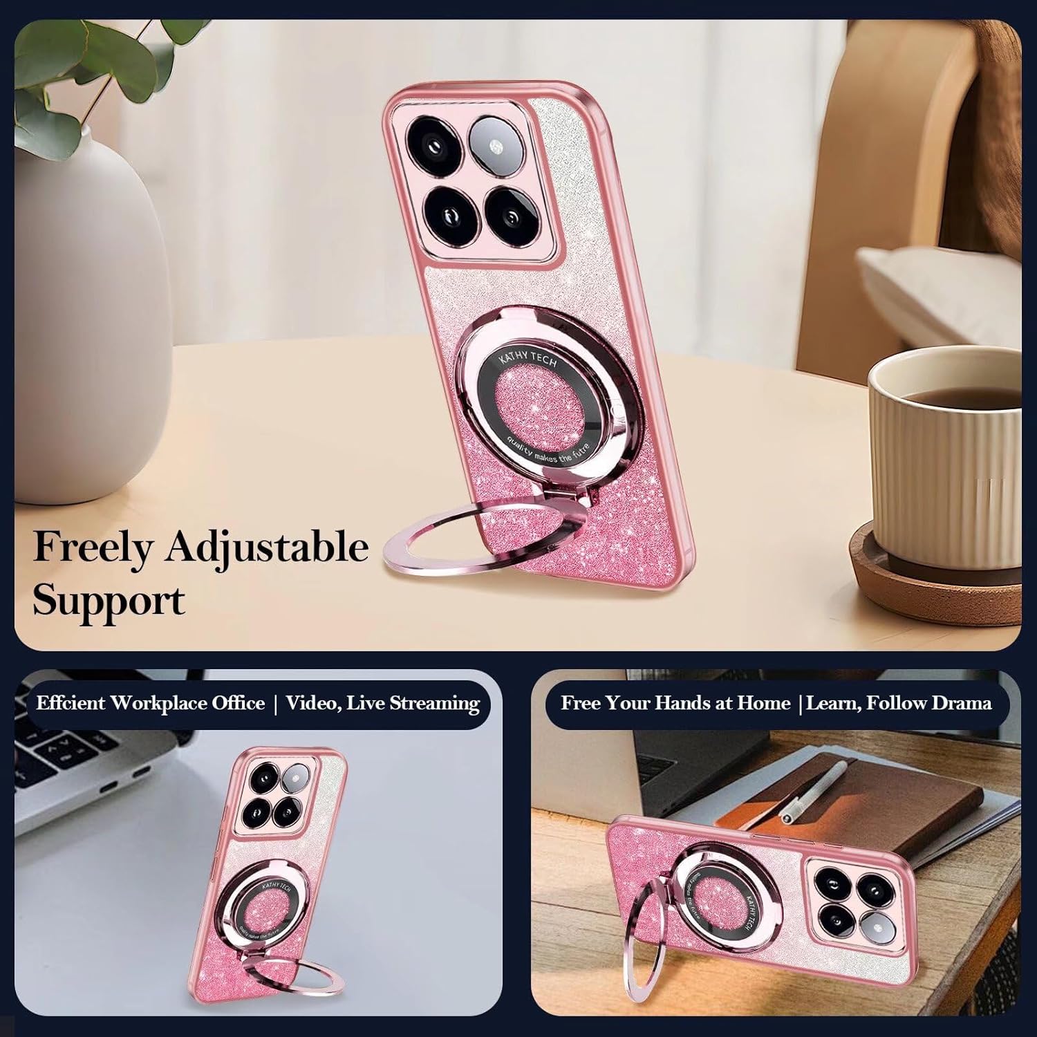 Transparent Glitter Case for Motorola Moto G24/G04S,Magnetic Ring Holder Bling Sparkle Girl Women Clear Silicone TPU Shockproof Phone Case Cover for Motorola Moto G24/G04S-Pink