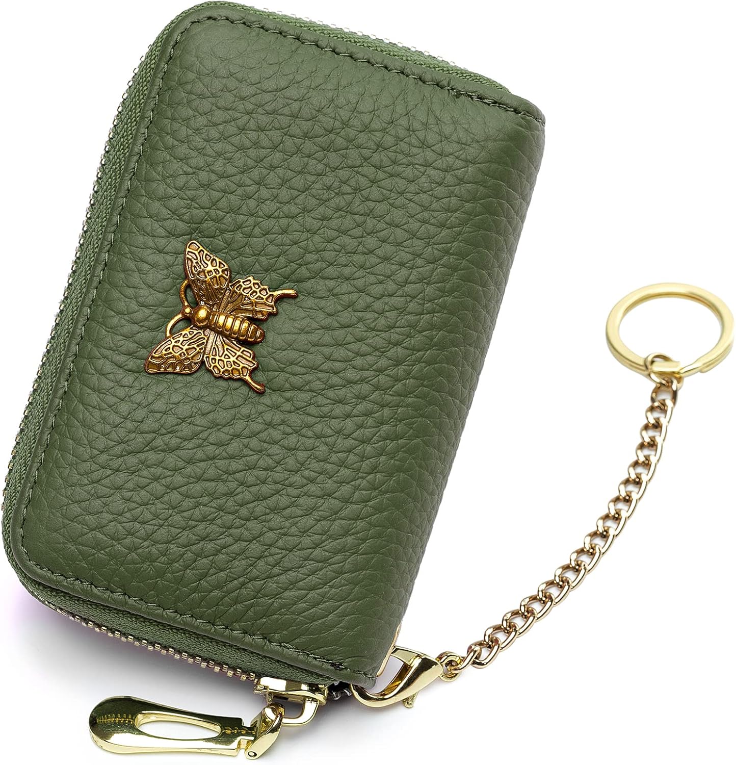 RFID Credit Card Holder for Women Genuine Leather Card Case Wallet with Zipper and Removable Keychain (Black)