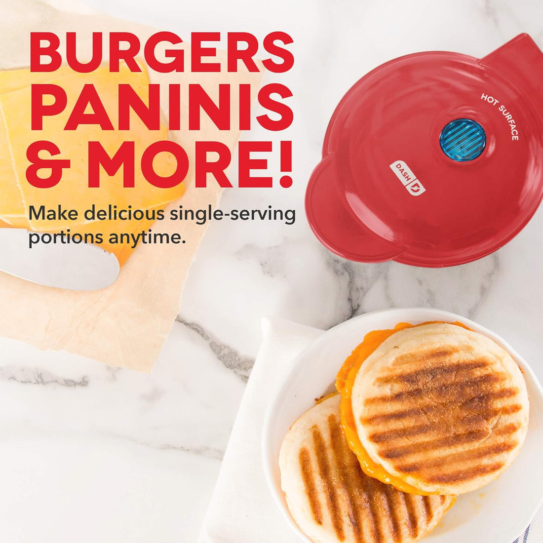 Mini Maker Portable Grill Machine + Panini Press for Gourmet Burgers, Sandwiches, Chicken + Other on the Go Breakfast, Lunch, or Snacks with Recipe Guide - Red