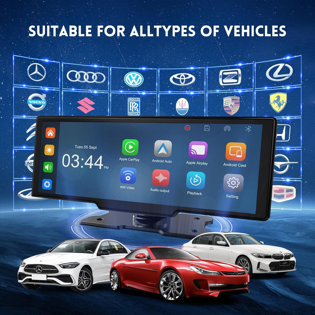 10.26" Wireless Carplay Screen with 4K Dash Cam, Portable Android Auto Screen, Car Stereo with 1080P Backup Camera, HD Touch Screen for All Vehicles, GPS Navigation, Mirror Link, Voice Control