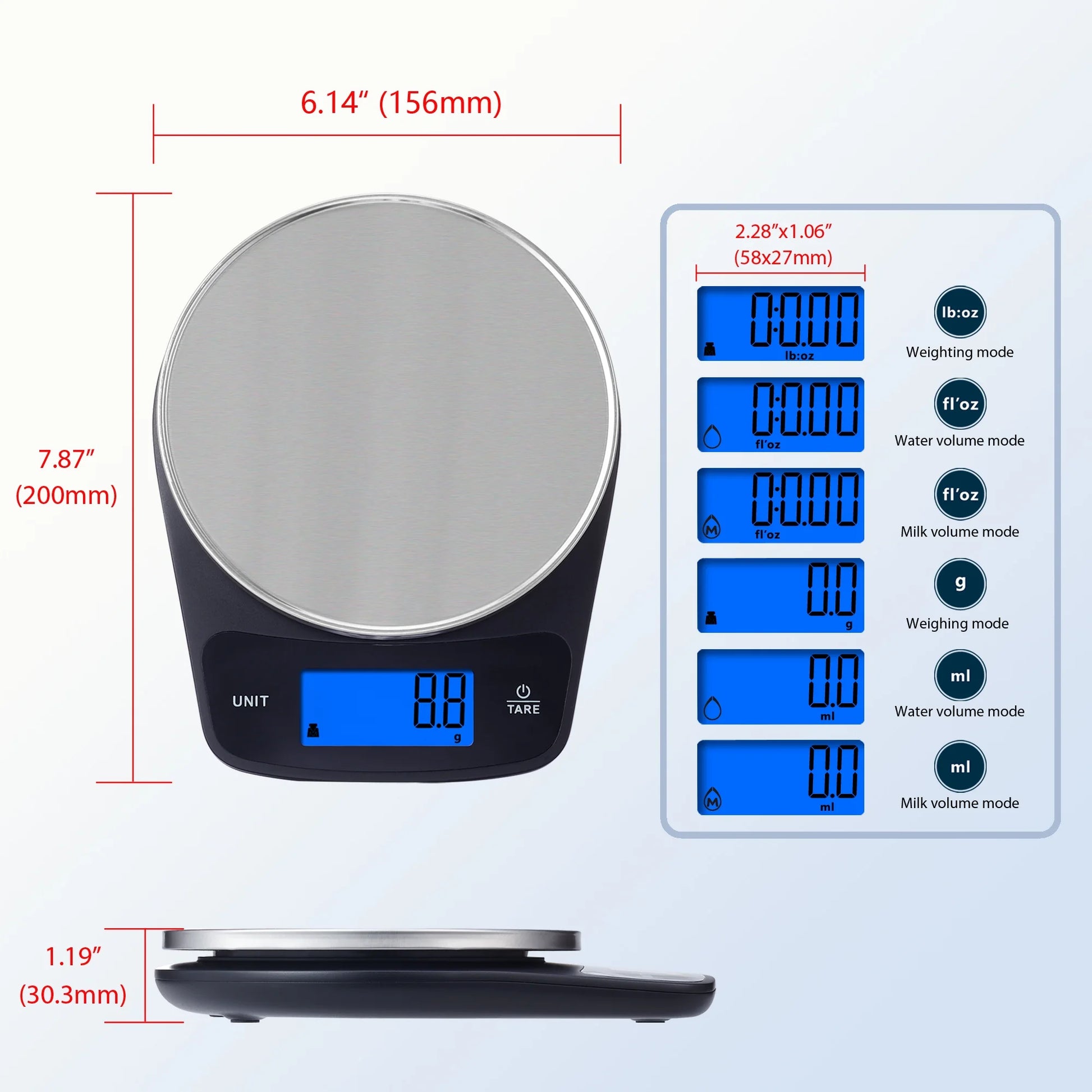 Waterproof Digital Kitchen Scale with Blue Backlit, Black