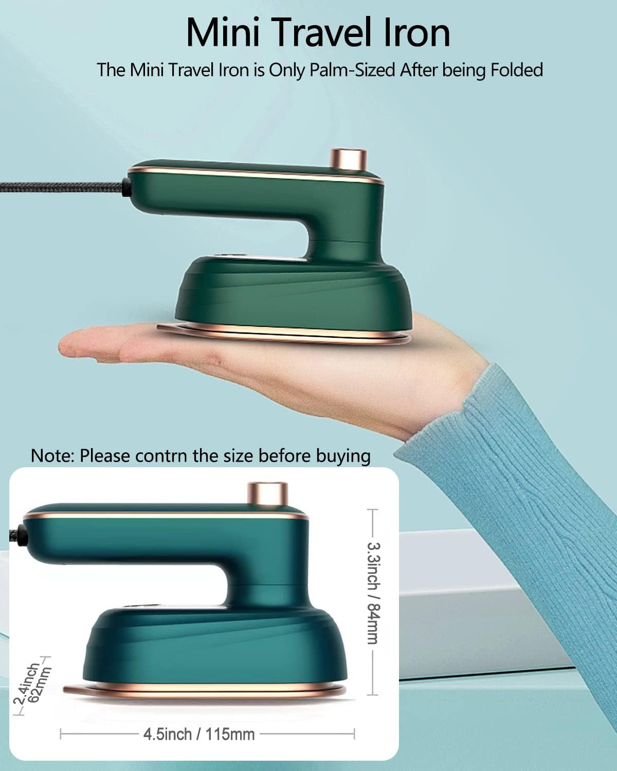 Professional Travel Iron for Clothes, Mini Ironing Machine Handheld Can Be Rotated 180 Degrees, Household Fast Heating Wired Small Electric Iron, Portable Heat Press Clothing Iron Machine (Green)