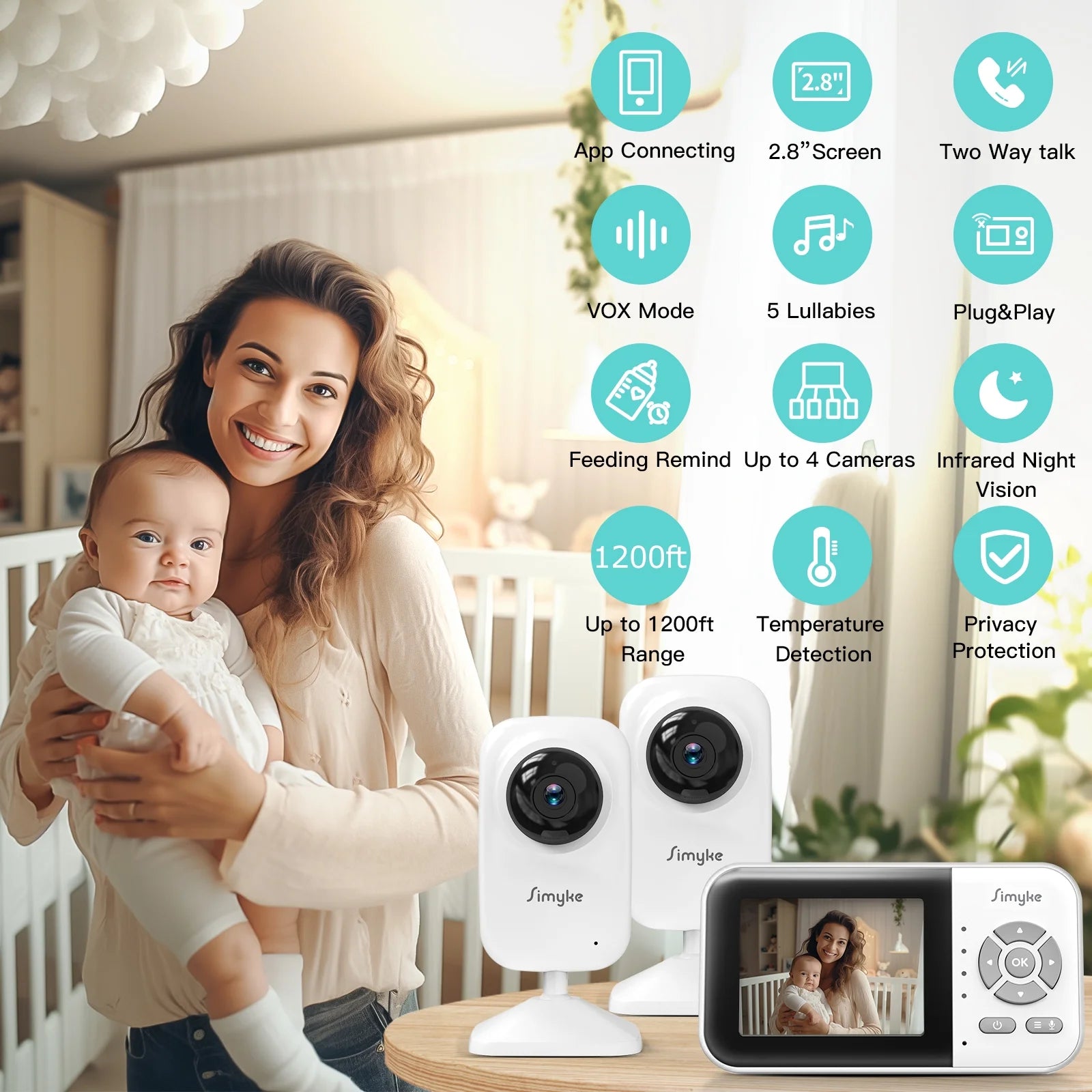 Upgrade Video Baby Monitor with 2 Cameras and Audio 2.8" LCD Screen, Night Vision, APP, 2 Way Talk, 1200Ft Long Range, Feeding Clock, Temperature Detection, Portable Wireless Baby Cam Home Use