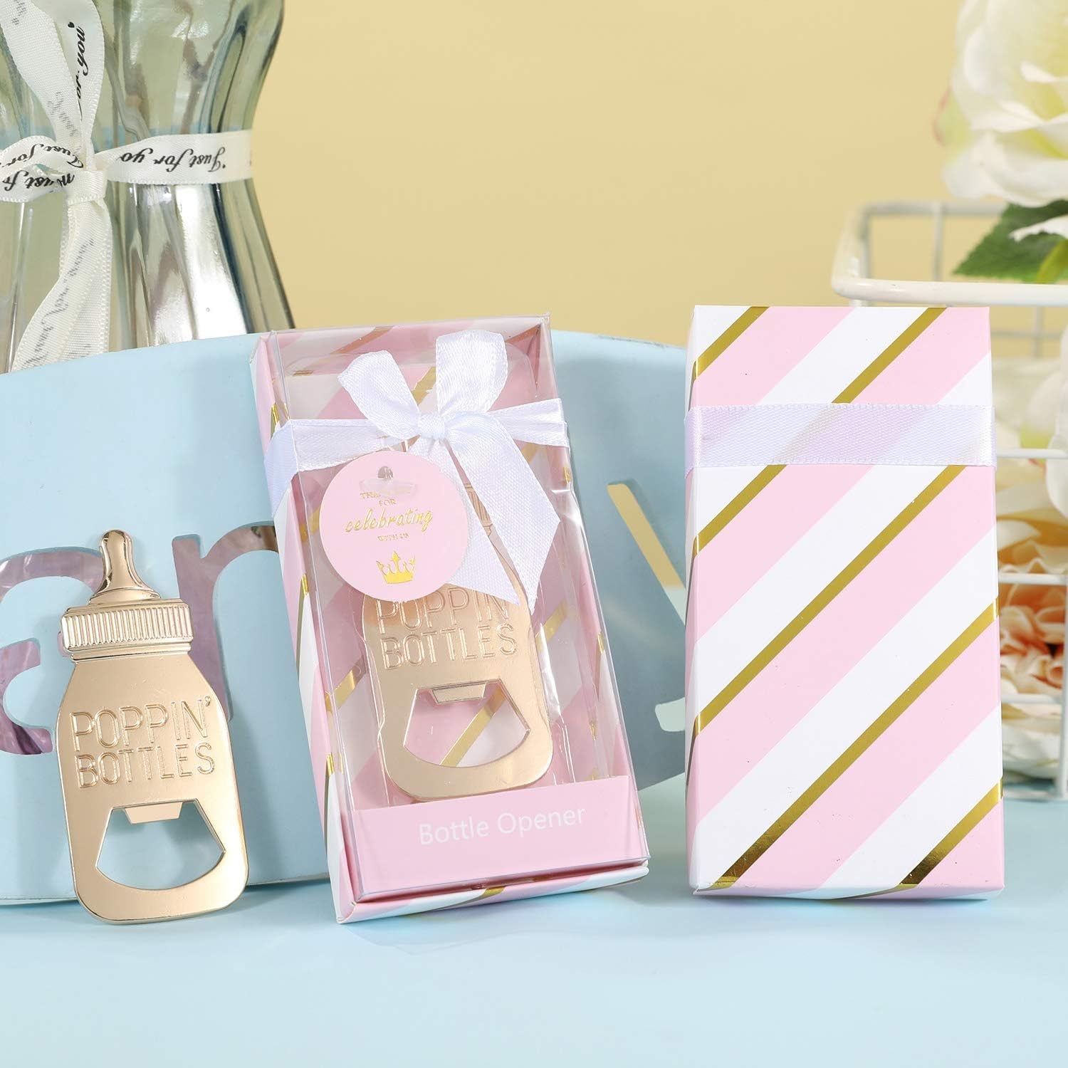 24 Pcs Pink Princess Baby Shower Favors for Girl,Poppins'Bottle Bottle Opener Baby Shower Favor for Guests Girl Baby Shower Souvenirs Party Decoration Goodiebag Supplies (Pink and Gold, 24)