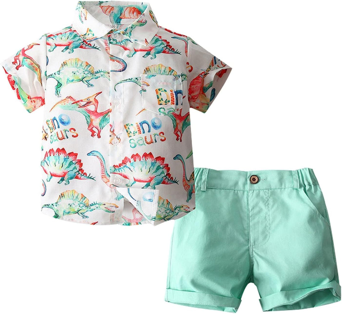 Children Clothes Set Boys Dinosaur Shirt Shorts Set Children'S Short Sleeve Colorful Dinosaur Shirt (Green, 2-3 Years)