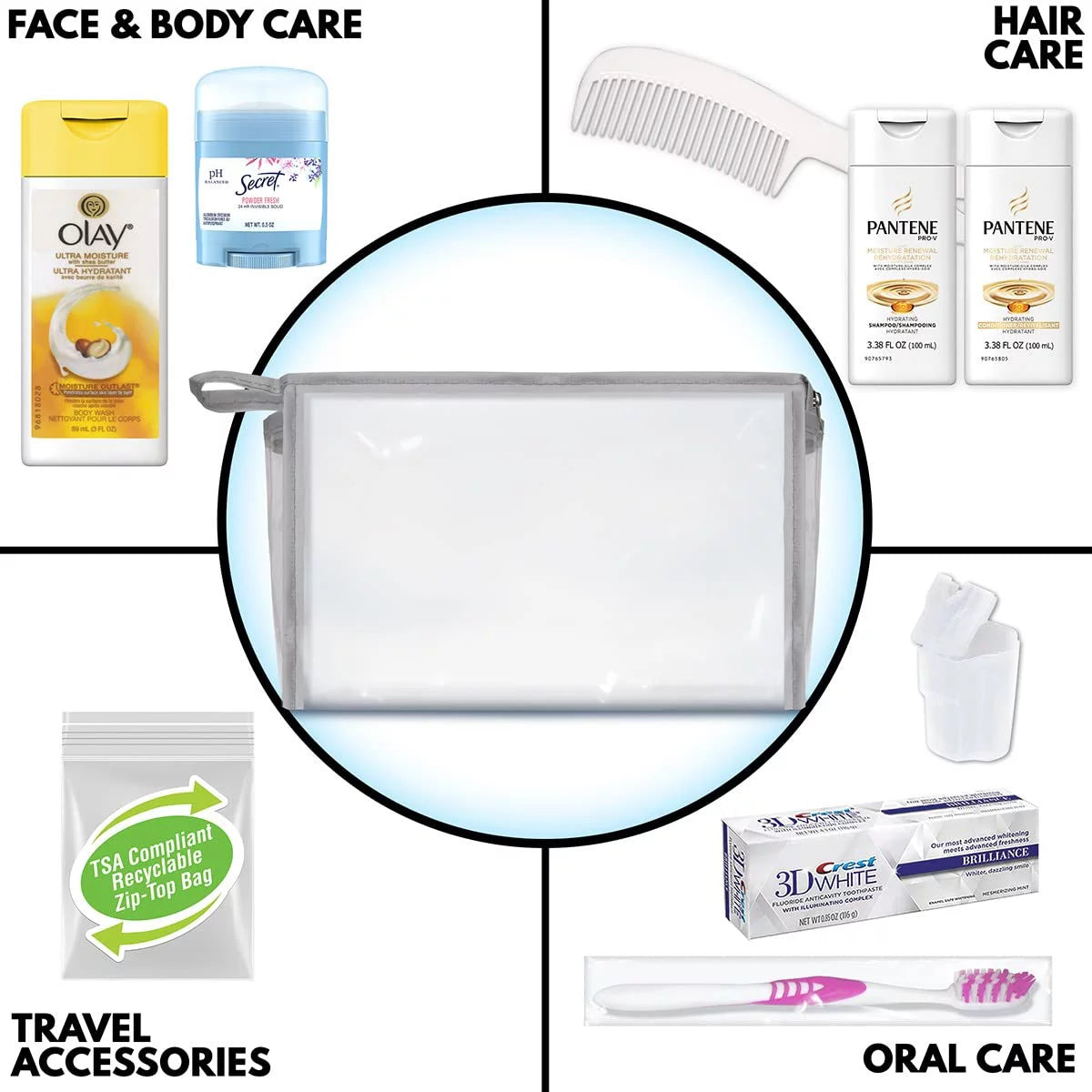 Women'S 10-Piece Deluxe Kit with Travel Size TSA Compliant Essentials, Featuring: Pantene Hair Products in Reusable Toiletry Bag - Clear Color
