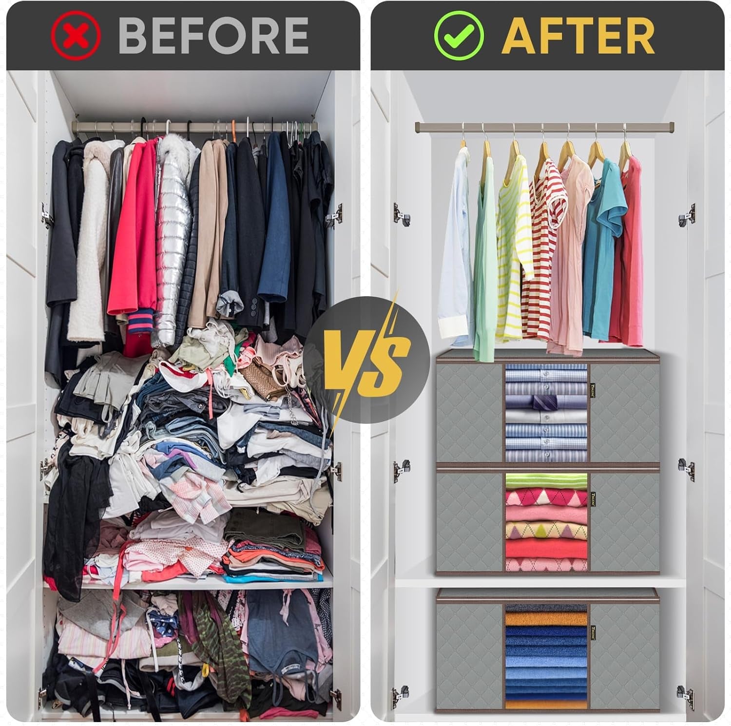 2 Pack Clothes Storage Bags, 24 Gallon Storage Containers with Reinforced Handle, Sturdy Zipper, Closet Organizer for Blanket, Comforter, Pillow, Bedding (Grey, 2 Pack)