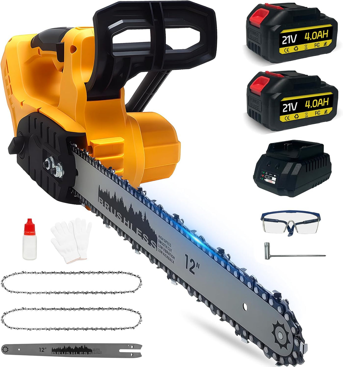 Electric Chainsaw Cordless, 12 Inch Chainsaw for Makita 18V Battery - Included 2X 4000Mah Battery and Charger, Power Chain Saw Cordless with Brushless Motor, Auto Oiler, 2 Spare Chains