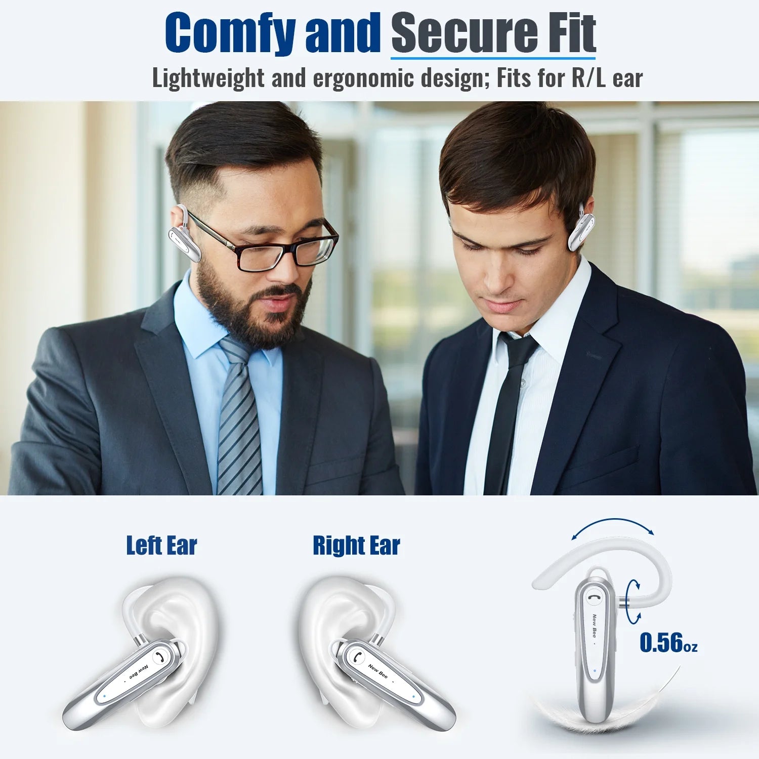 Bluetooth Earpiece,Wireless Handsfree In-Ear with Microphone, 20 Hrs Talking Time 180 Days Standby Time Bluetooth V5.0 Headset for Iphone/Android/Business/Trucker/Driver,White
