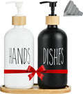Hand and Dish Soap Dispenser for Kitchen - Glass Soap Dispenser Set with Wood Tray - Modern Boho Decor (Black & White)