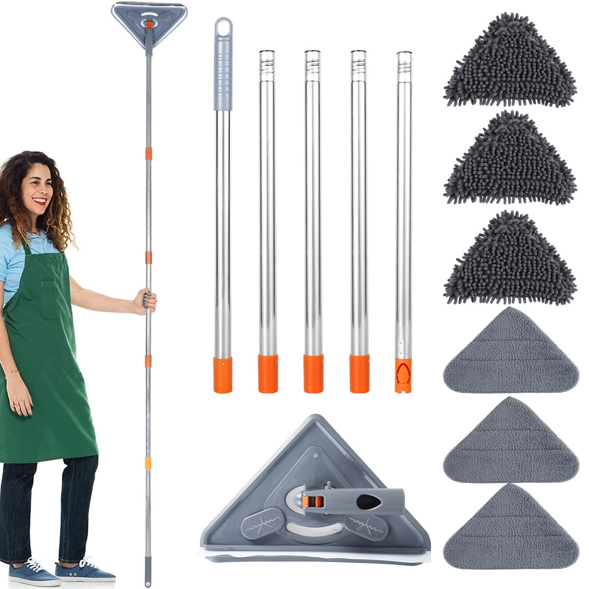 Wall Cleaner Mop with Long Handle from 25 to 85 Inch, 6 Replacement Pads,Microfiber 360 ° Rotating Triangle Adjustable Dry Wall Cleaning