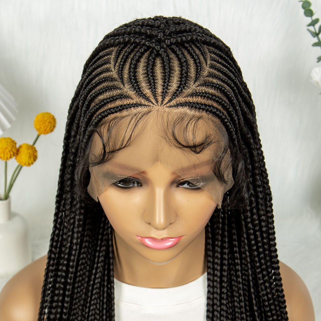 28-Inch Box Braided Lace Front Wig for Women – 200% Density Natural Black Synthetic Braids with Baby Hair | Full Scalp Look