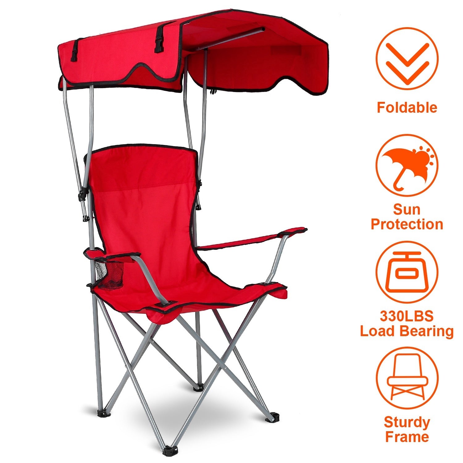 Red folding chair with canopy on a white background