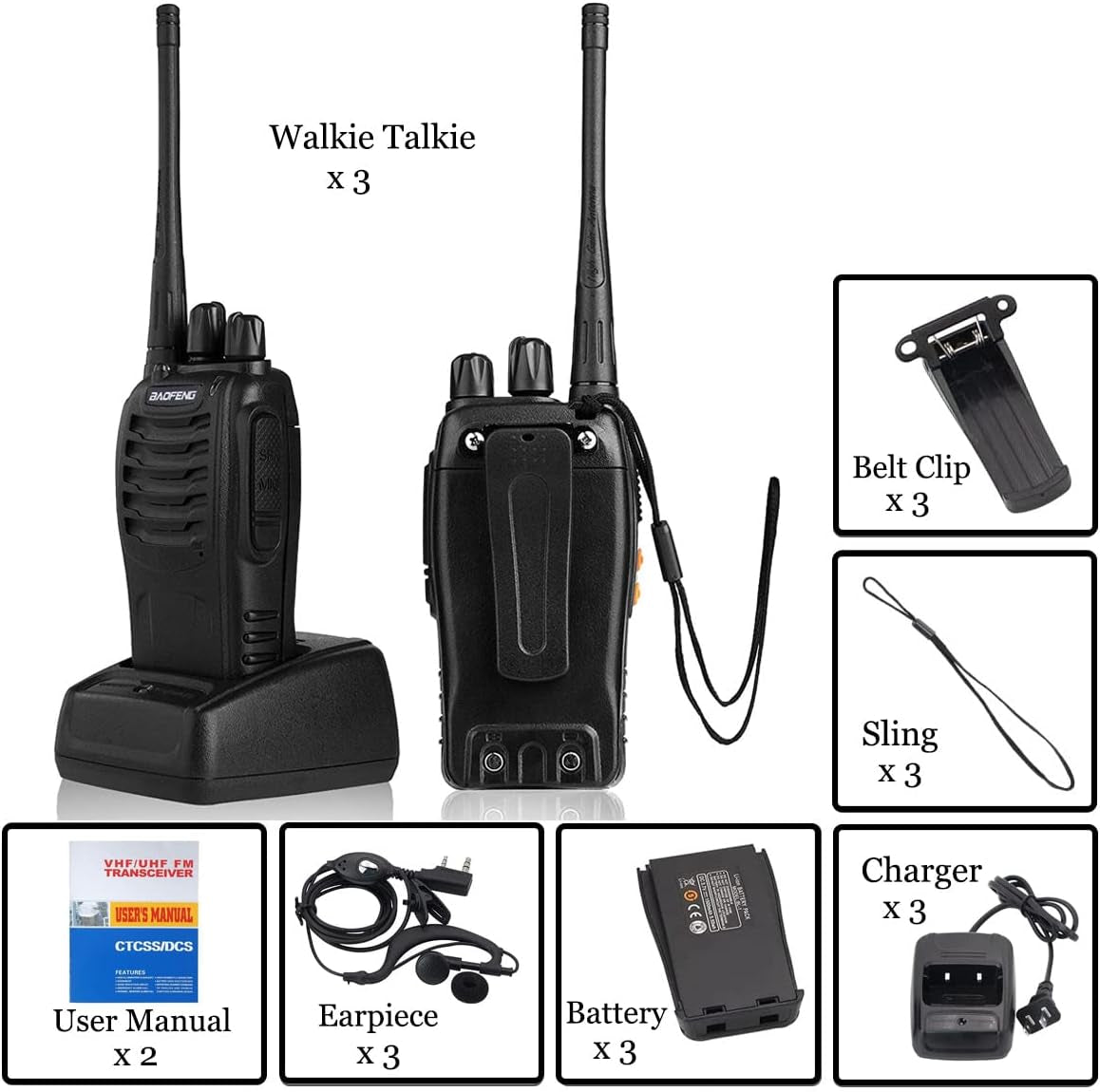 Walkie Talkies Bf-888S Long Range Two-Way Radios for Adults Rechargeable Handheld Interphone Professional UHF Communicator 3 Pack Walky Talky Set with Earpiece,Li-Ion Battery and Charger