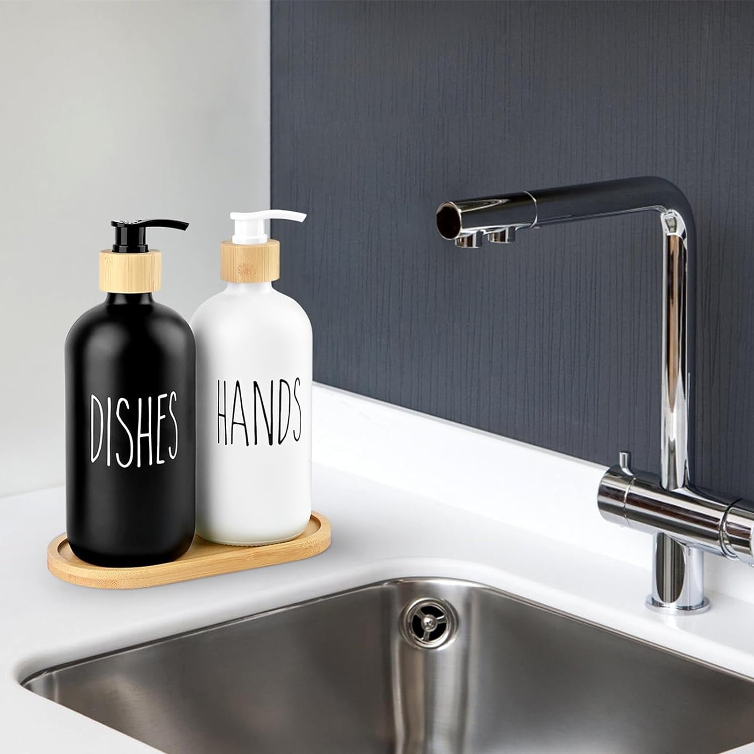 Hand and Dish Soap Dispenser for Kitchen - Glass Soap Dispenser Set with Wood Tray - Modern Boho Decor (Black & White)