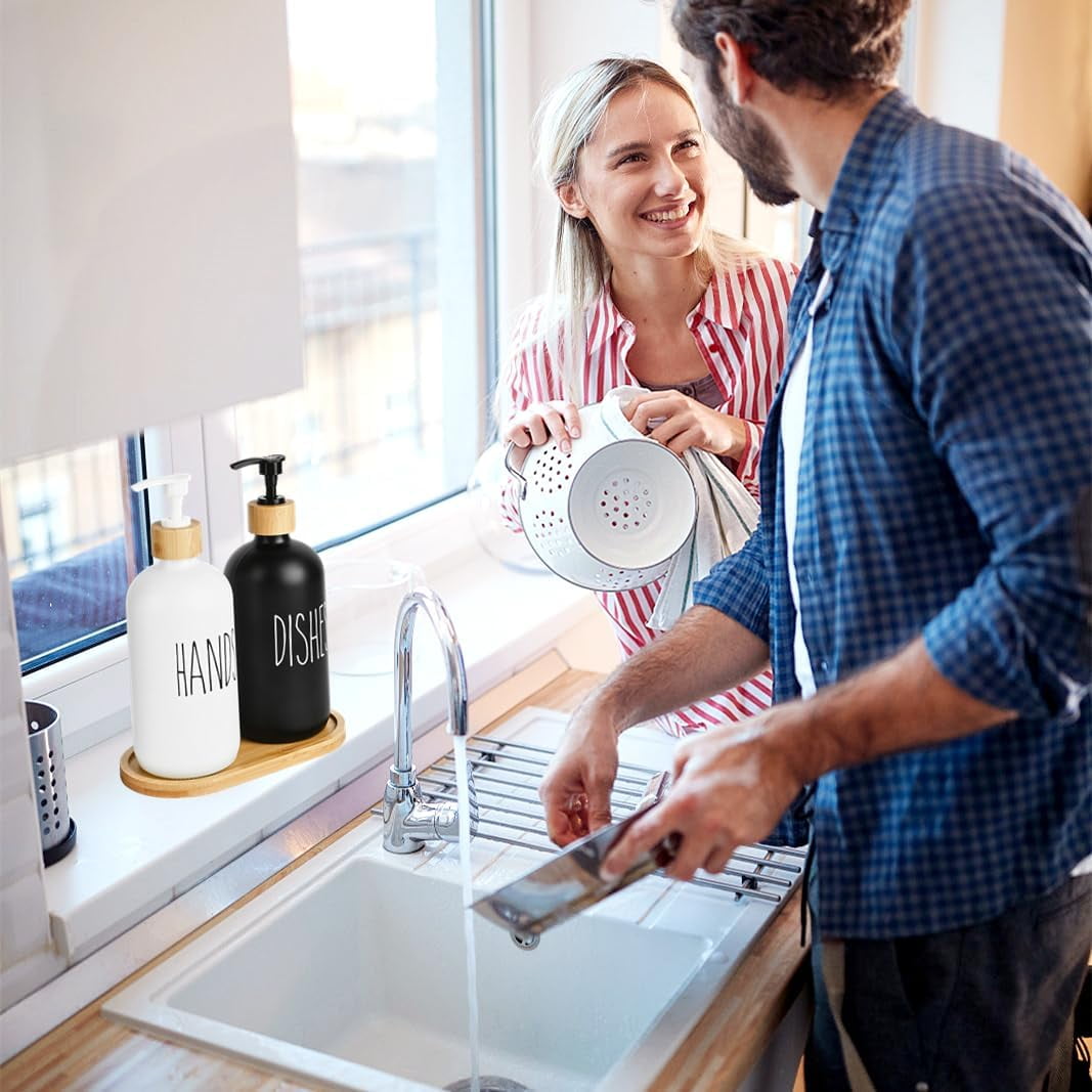 Hand and Dish Soap Dispenser for Kitchen - Glass Soap Dispenser Set with Wood Tray - Modern Boho Decor (Black & White)