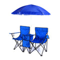 blue double camping chairs​ with a matching umbrella on a white background