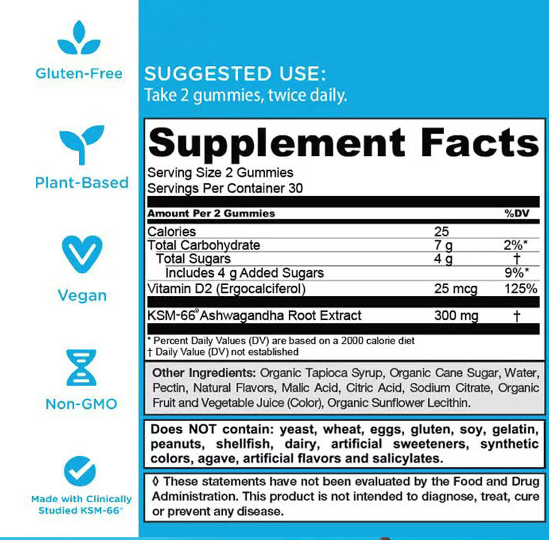 Quayea  Ashwagandha & Vitamin D Gummy - Mixed Berry, KSM-66, Vegan, Plant Based, Non-GMO, Gluten & Gelatin Free
