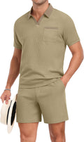 Men'S Summer Track Suits Waffle Knit Polo Shirt and Shorts Set Casual 2 Pieces Outfits with Pockets