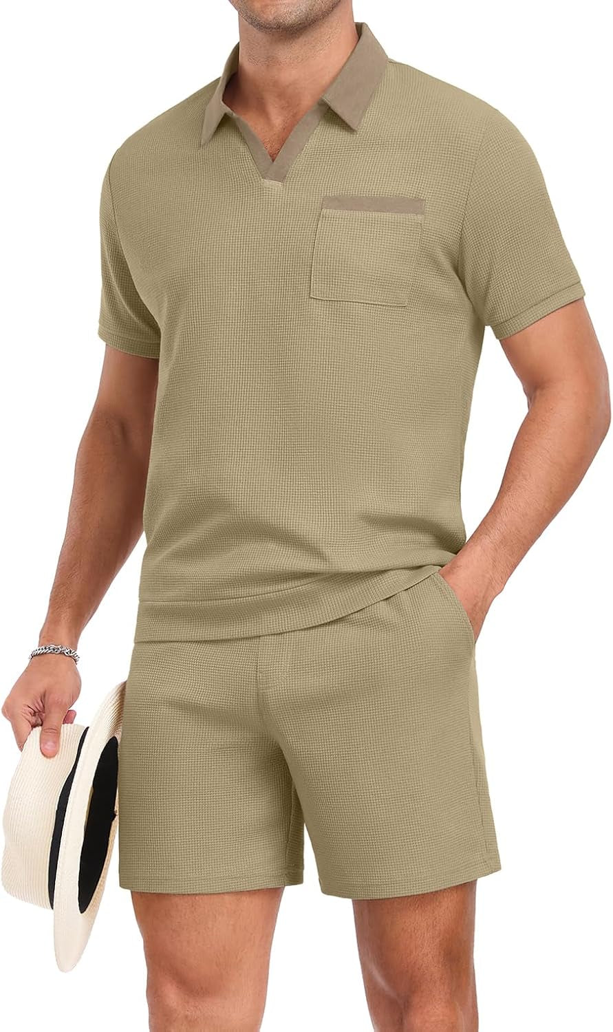 Men'S Summer Track Suits Waffle Knit Polo Shirt and Shorts Set Casual 2 Pieces Outfits with Pockets