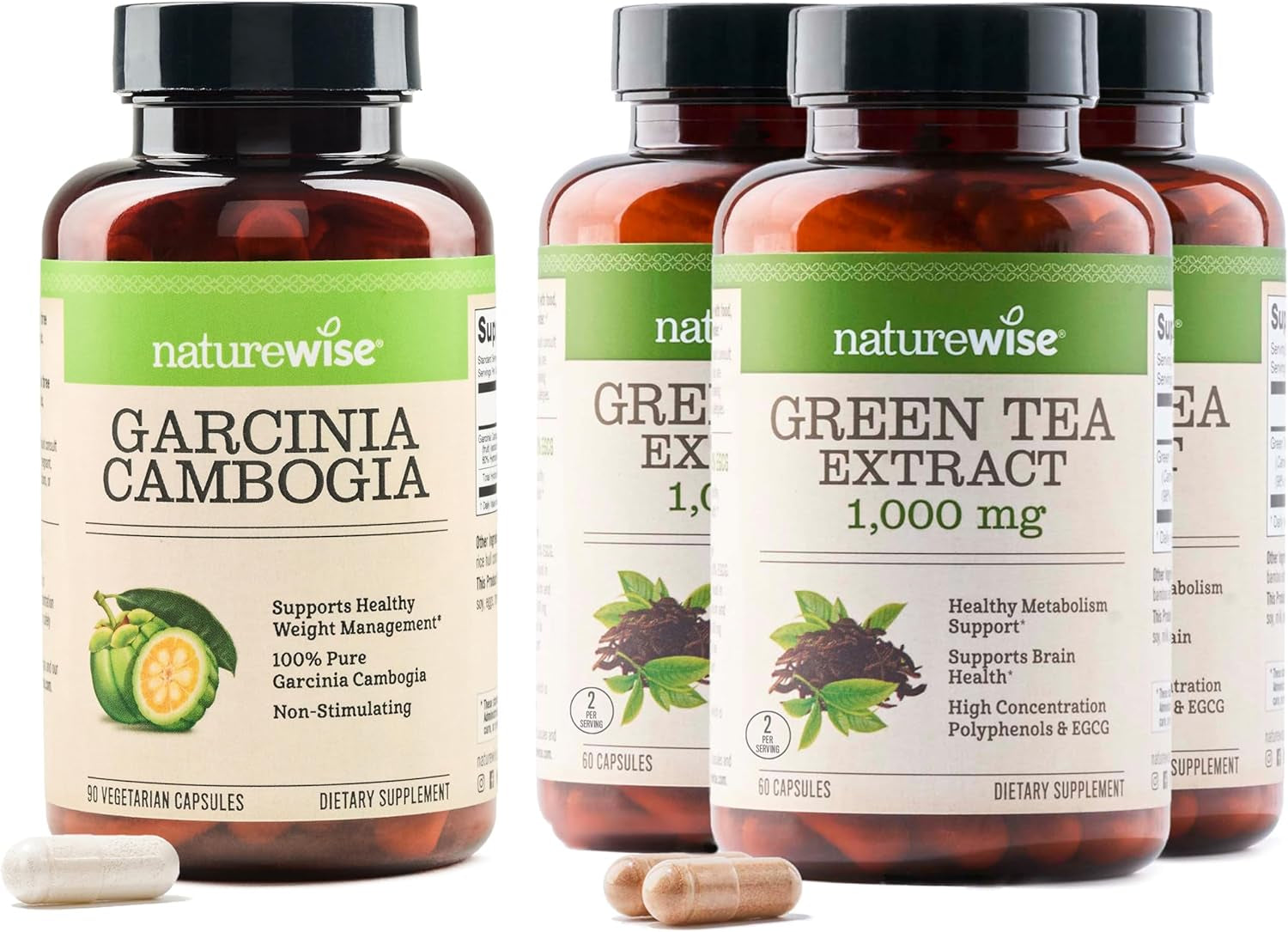 [1] Garcinia Cambogia - 60% HCA - Vegan, Non-Gmo - 90 Capsules[1-3 Month Supply] + (Pack of 3) Green Tea Extract 1000 Mg - Vegan, Non-Gmo - 60 Capsules[30-Day Supply]