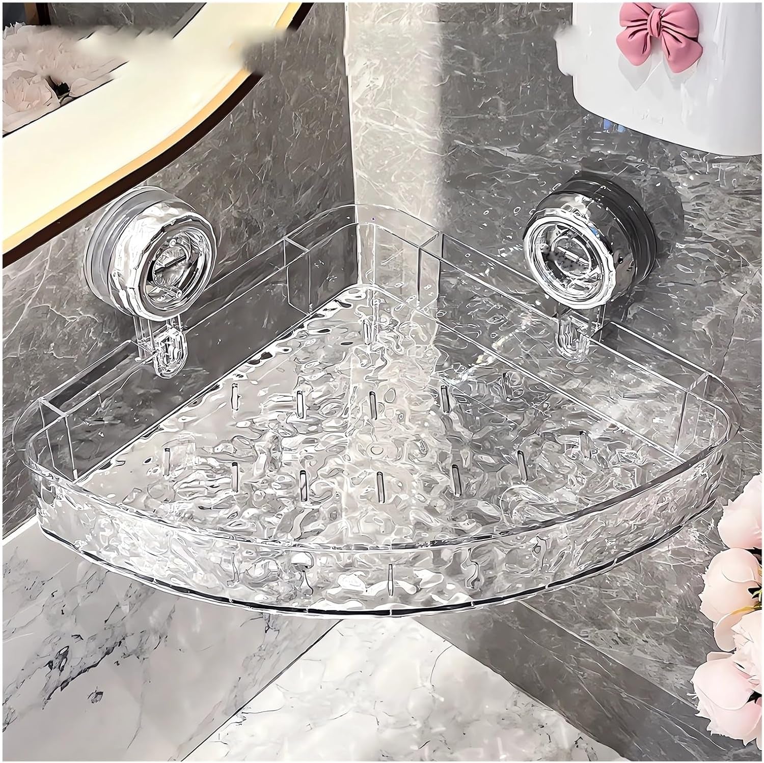 Corrugated Suction Cup Storage Holder Corner Shower Caddy Large Organizer Bathroom Shelf Clear Acrylic Shower Tray Shelves inside Floating Shower Wall Shelf Bath Basket Rack Heavy Duty (Rect-Clear)