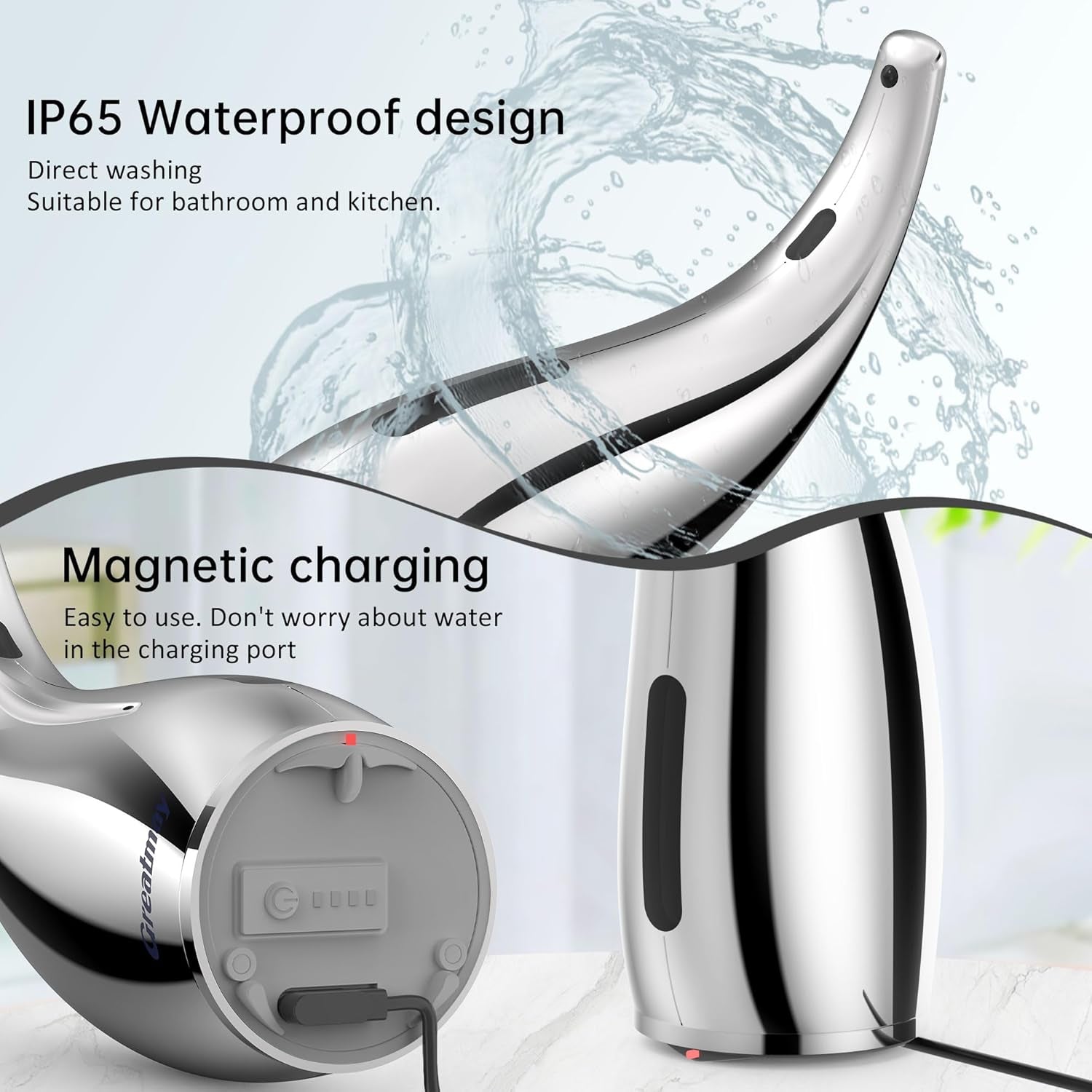 Adjustable Automatic Soap Dispenser Touchless, 4 Adjustable Levels Touchless Sensor Liquid Soap Pump Dispenser，300Ml Rechargeable Magnetic Charging Hand Soap Dispenser for Kitchen，Bathroom