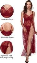 Women Sexy Lingerie Lace High Slit Maxi Long Gown Sheer Dress with Underwire S-4XL