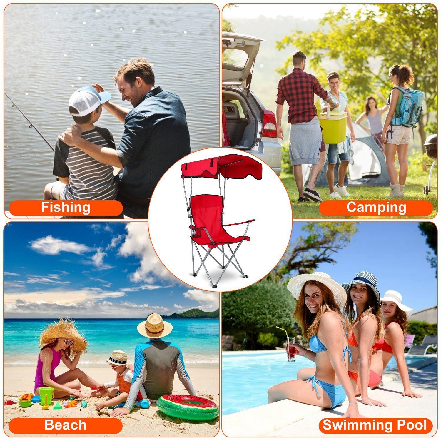 Collage of a red camping chair with outdoor activities like fishing, camping, beach, and swimming pool.