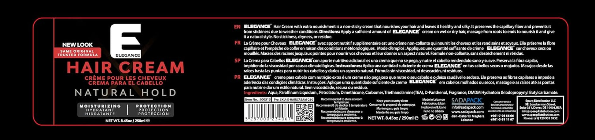 Elegance Hair Cream, 8.45 Oz, Hair Cream That Nourishes, Protects and Deeply Moisturizes Your Hair, Suitable for All Hair Types