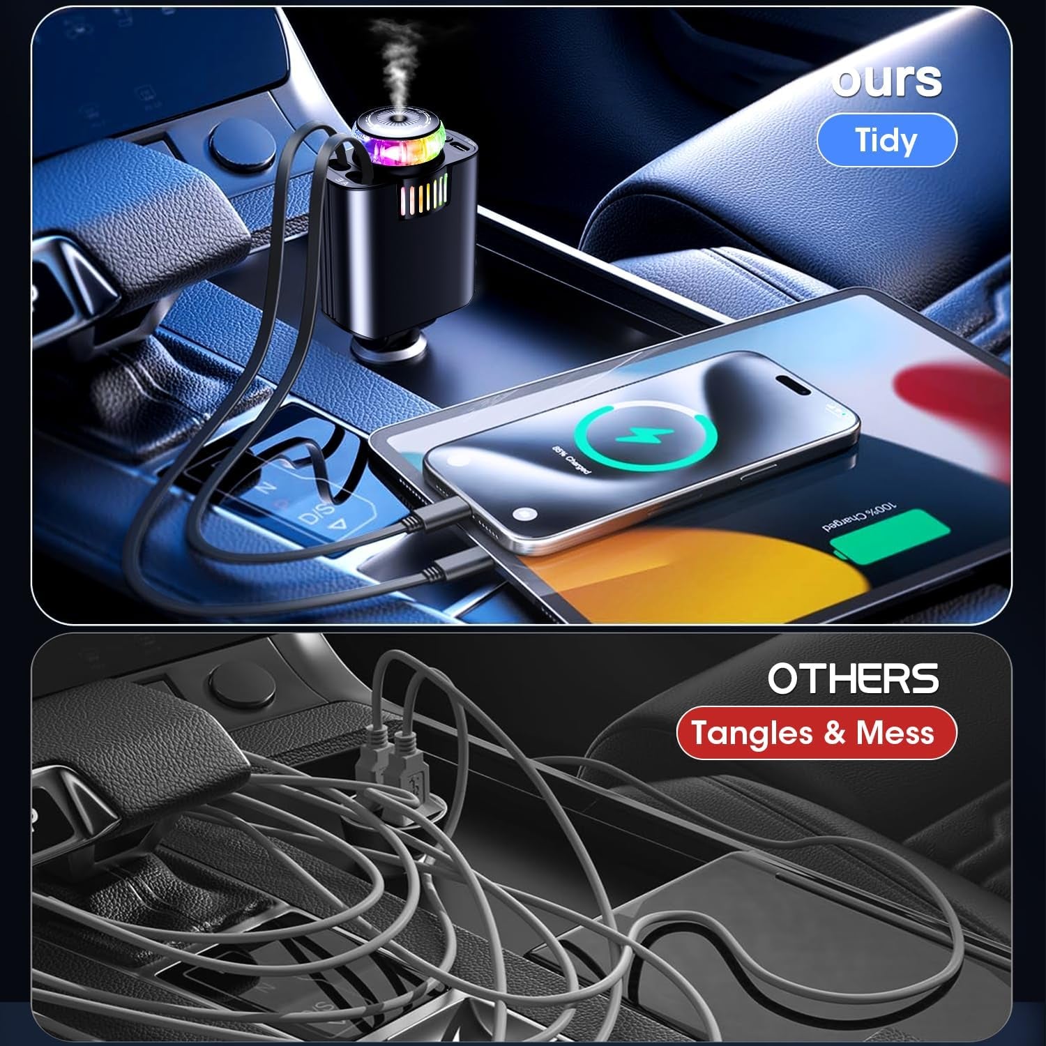 Retractable Car Charger with Starlight Essential Oil Diffuser, USB C Car Charger Adapter, Compatible with Iphone 16/16 Pro Max/15/14/13/12/11, Samsung Galaxy S24/S23/S22/S21, Pixel