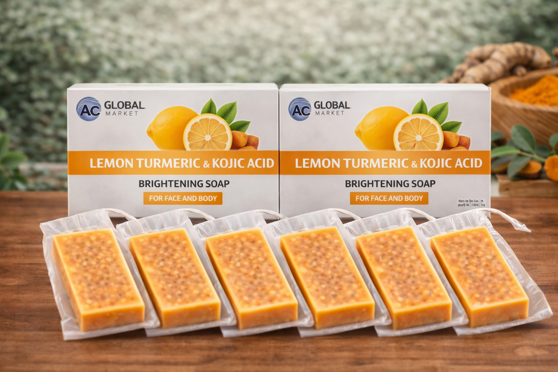AC Global Market Lemon Turmeric & Kojic Acid Brightening Soap – 6 Bar Set (Face & Body, 120g Each)