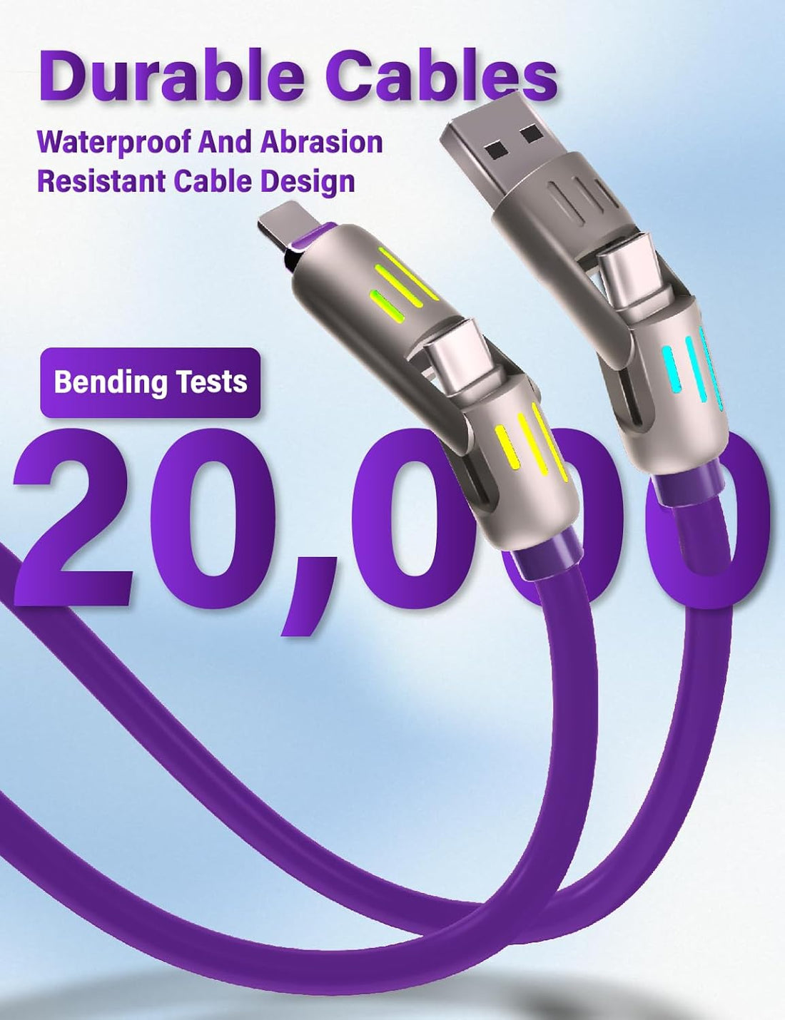 240W 4-In-1 USB C Multi Charger Cable with LED Indicator, PD 5A Fast Charging & Data Sync, Silicone, Compatible for Iphone, Samsung, Laptop, 4FT (Purple)