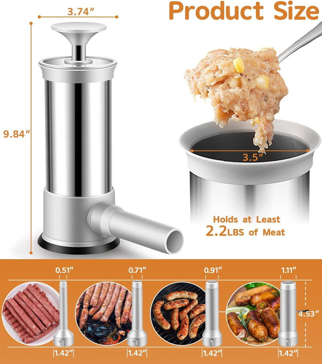 Sausage Stuffer Machine Vertical Sausage Maker, 2025 New Stainless Steel Homemade Sausage Maker W/4 Stuffing Tubes, Manual Sausage Stuffer Meat Filling for Household Kitchen, 2.2LBS Large Capacity