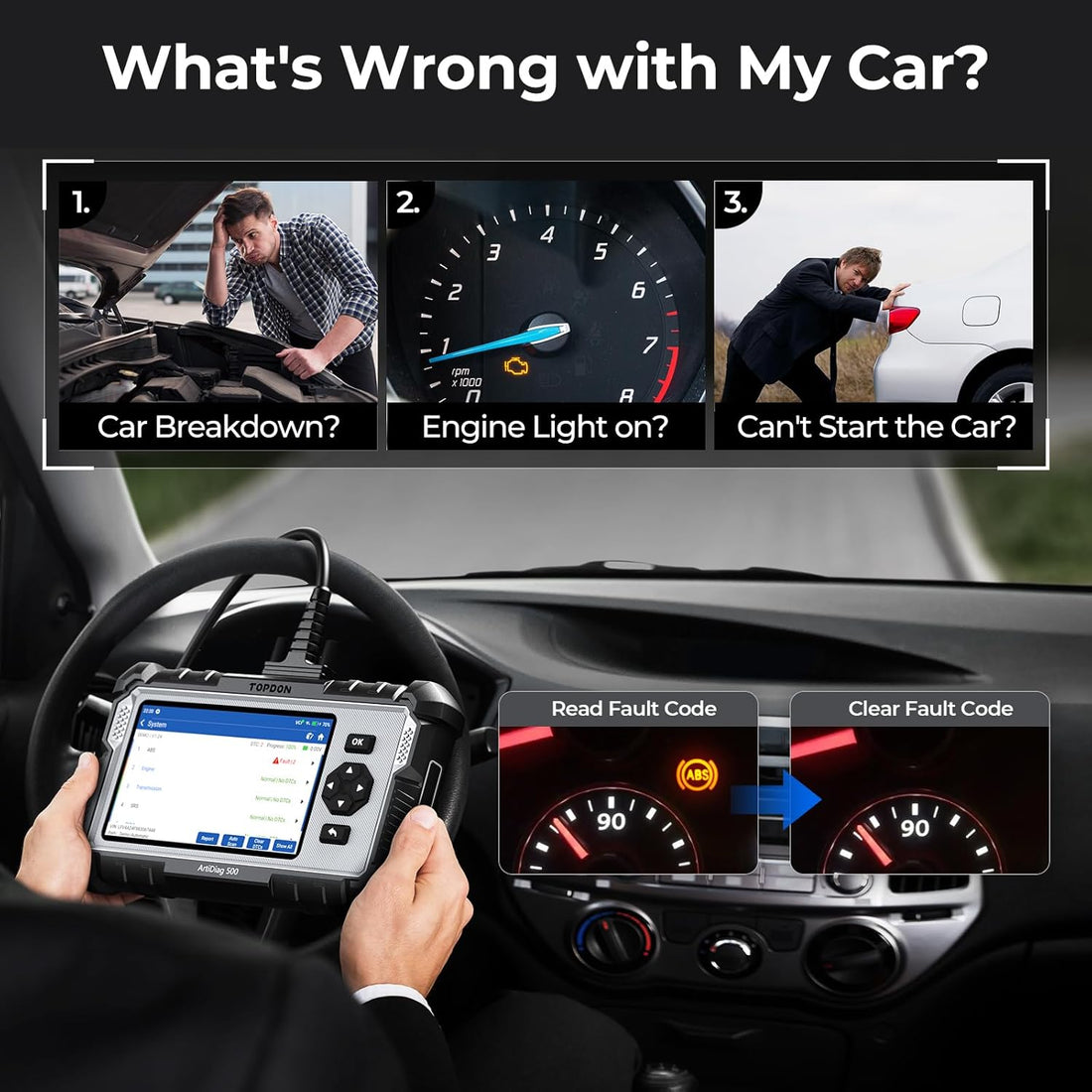 AD500 OBD2 Scanner Car Code Reader Scan Tool, Engine ABS SRS Transmission Diagnostics Tool, Oil/Throttle/Sas/Tpms/Bms/Epb Reset Car Scanner, Free Upgrade for DIY