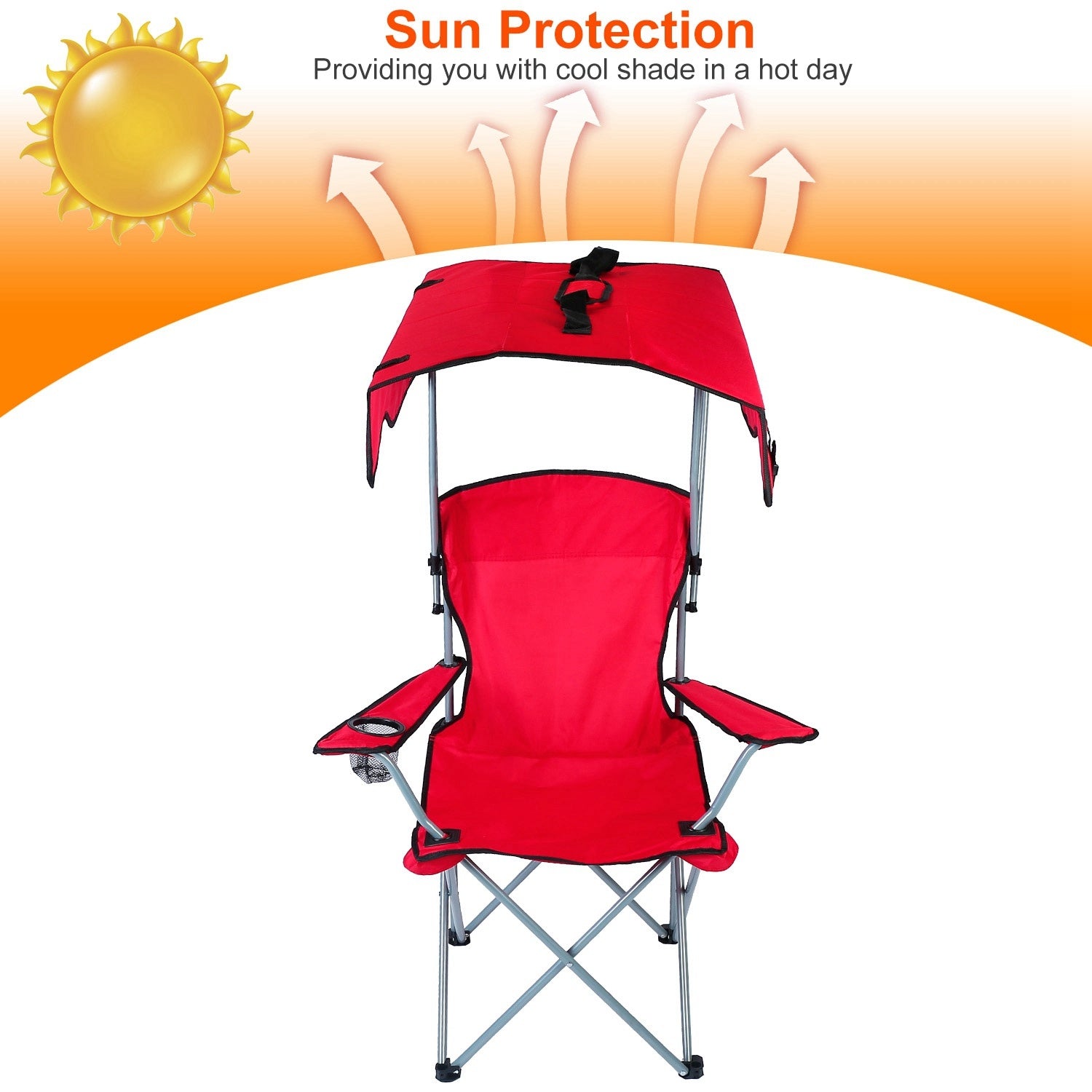 Red folding chair with canopy on a white background with sun protection text