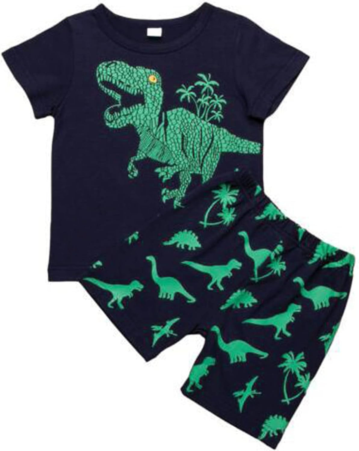 2023 Toddler Kids Boys Summer Short Sleeve Dinosaur T Shirts Tops Shorts Outfits Clothes Set 2 to 7 (1-Green, 3 Years)