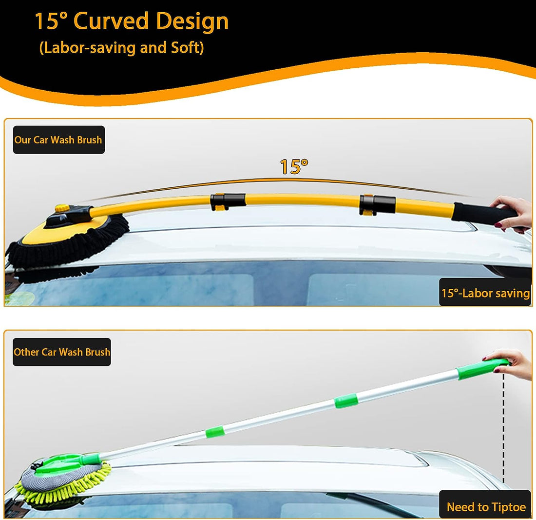15° Curved Car Cleaning Brush with Telescopic Handle 43" Aluminum Alloy Long Rod Wash Mop for Washing Caravan Van Truck Boat RV Roof Soft Chenille Head Duster Clean Product Not Hurt Paint Scratch Free