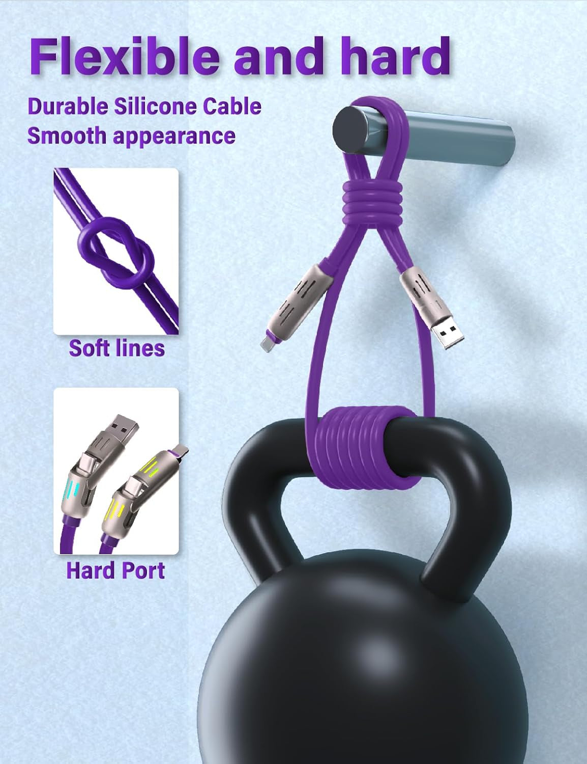 240W 4-In-1 USB C Multi Charger Cable with LED Indicator, PD 5A Fast Charging & Data Sync, Silicone, Compatible for Iphone, Samsung, Laptop, 4FT (Purple)