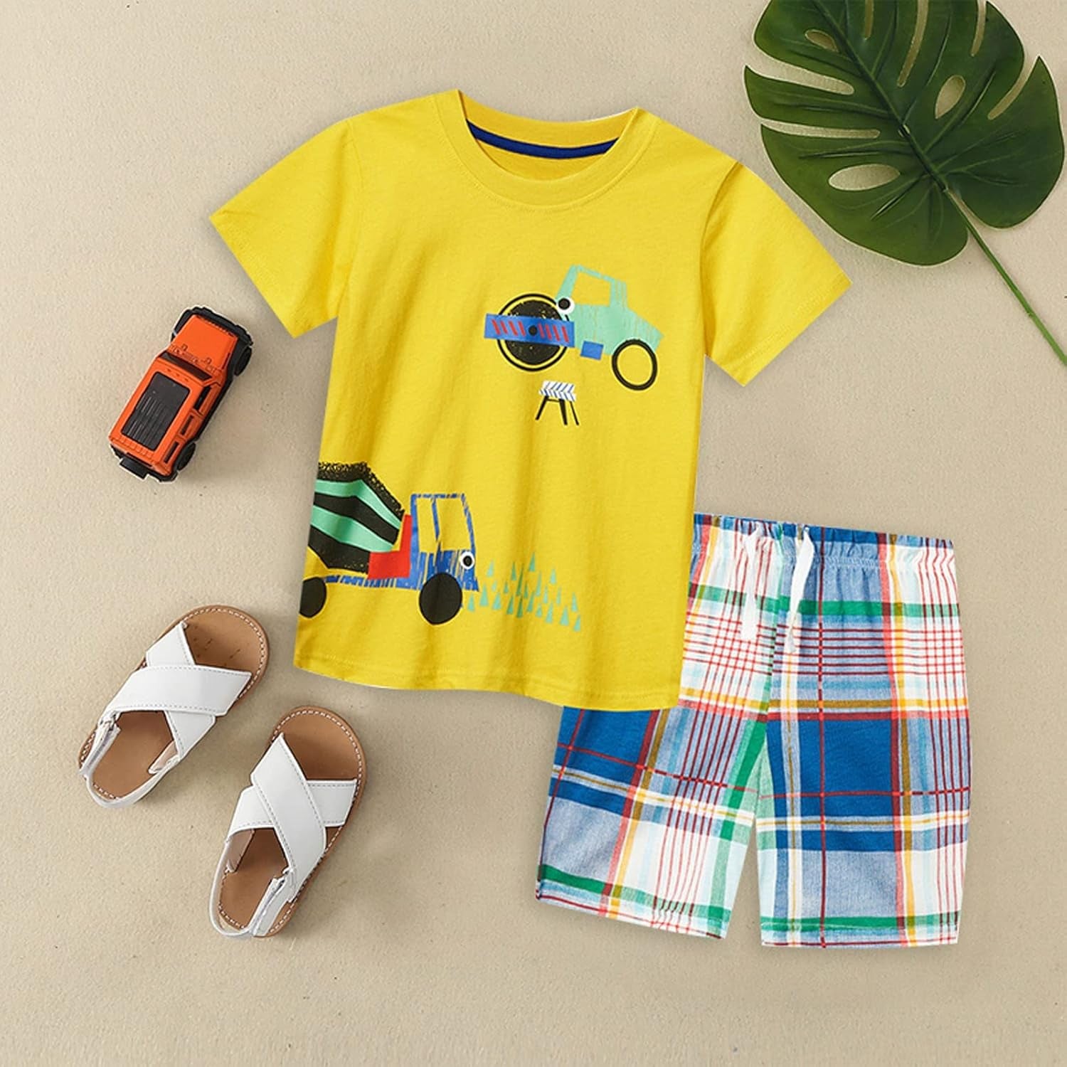 Cute Children Clothes Set 1 to 7 Years Summer Boy'S Short Sleeve Shorts Car Pattern Two Piece (Yellow, 2-3 Years)