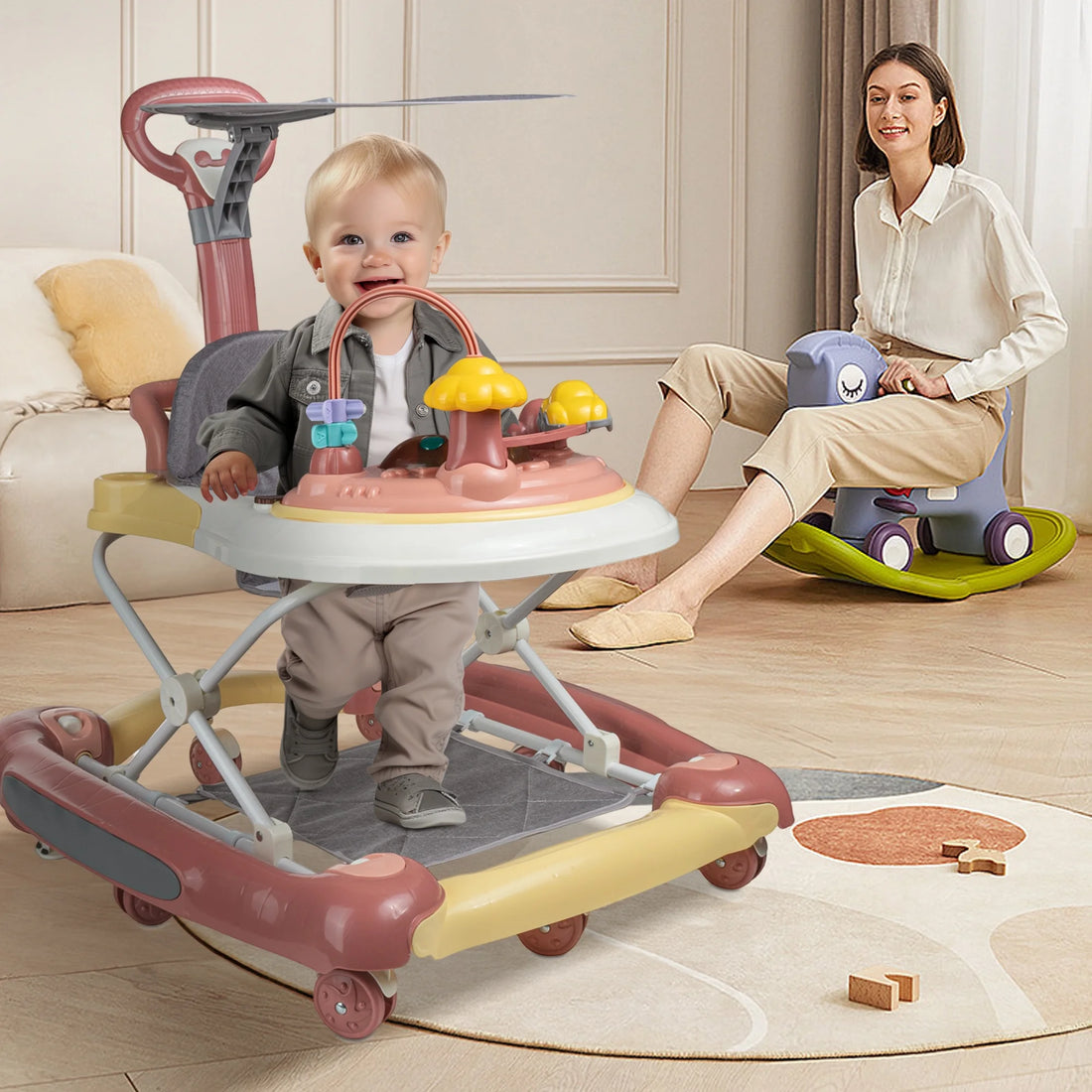 5-In-1 Baby Walker with Wheels,Infant Toddler Walkers Bouncer for Boys Girls,Pink