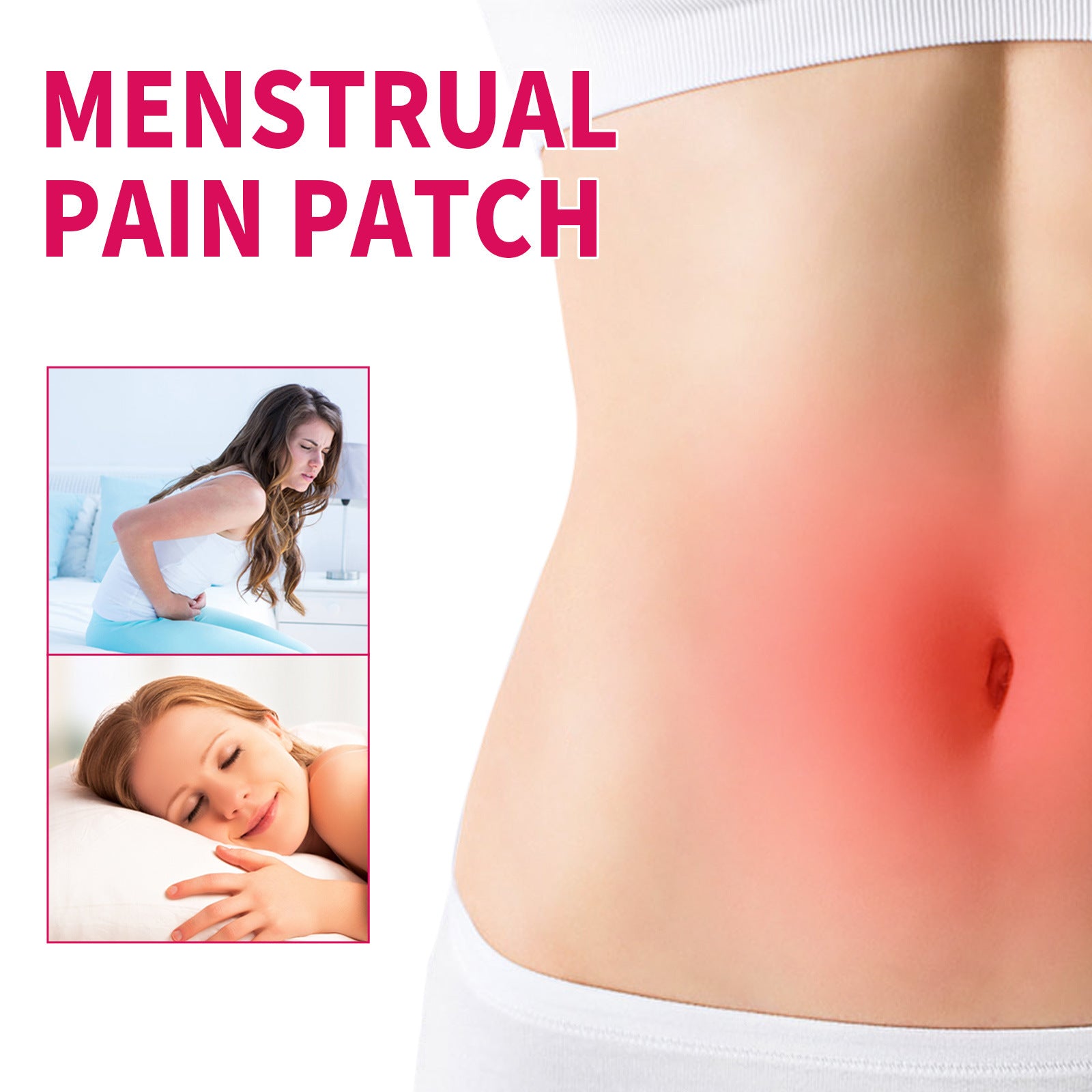 Menstrual pain patch advertisement with a woman experiencing pain 