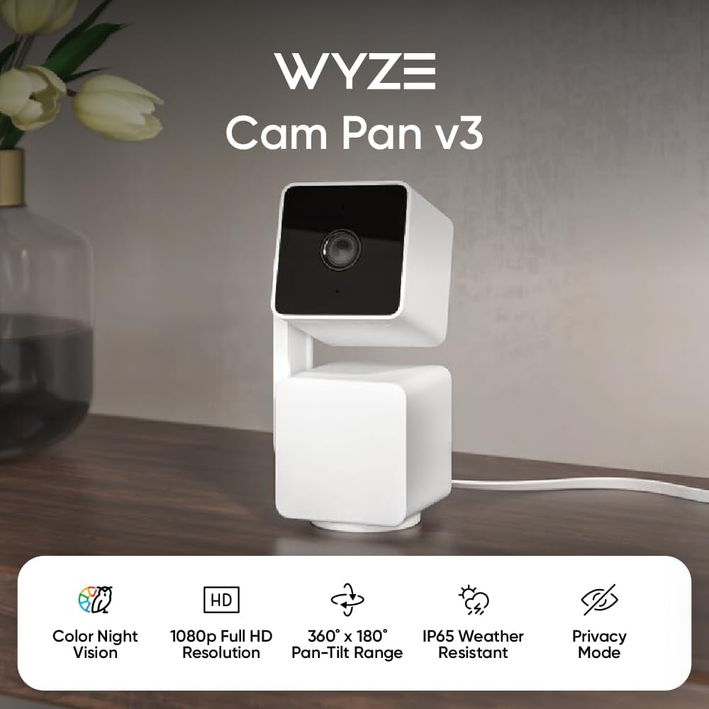 Cam Pan V3 Indoor/Outdoor IP65 1080P 360° Pan/Tilt/Zoom Wifi Smart Home Security Camera, Motion Tracking for Baby/Pet, Color Night Vision, Works with Alexa&Google Assistant, Free Expert Setup