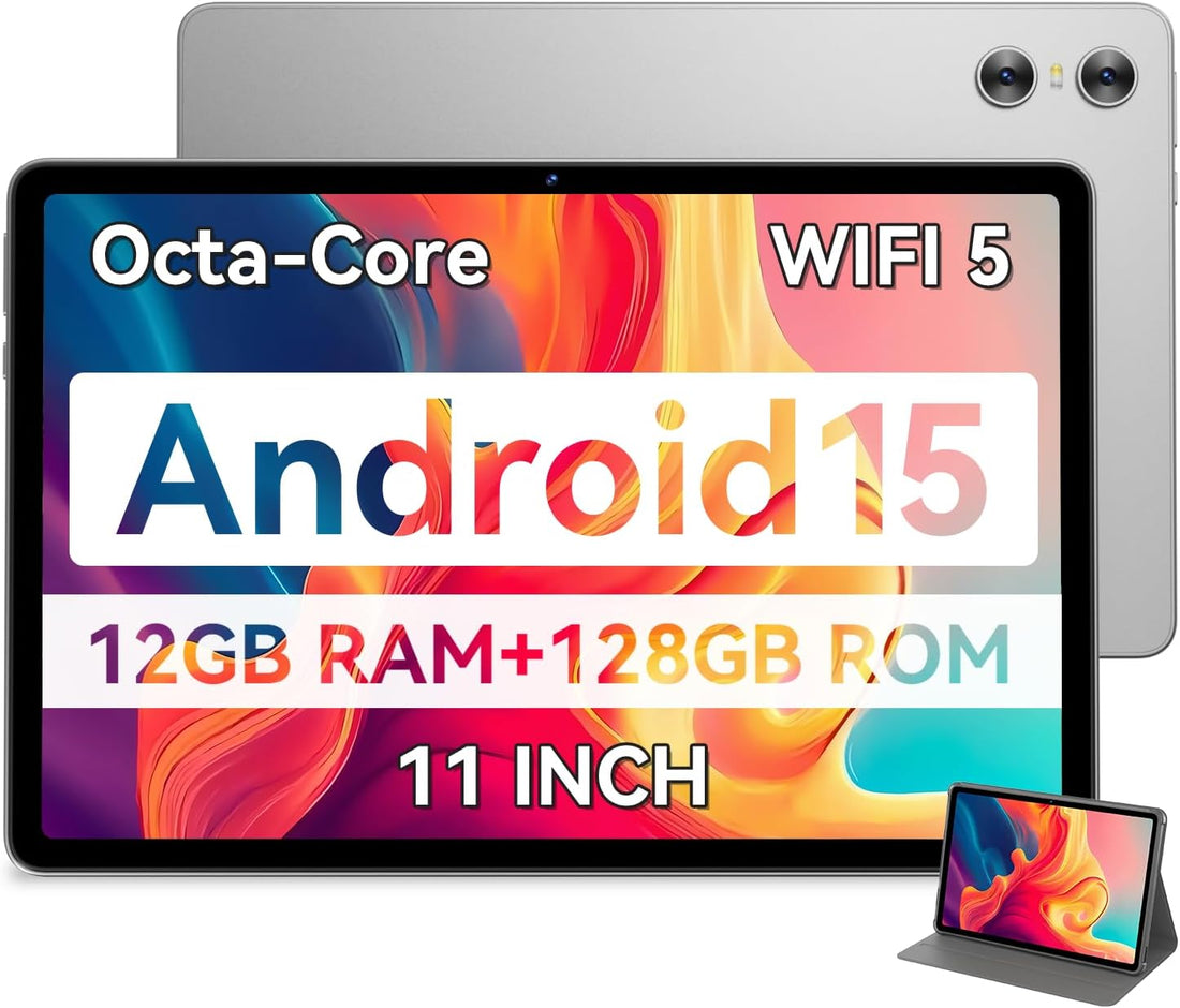 Android Tablet, 11 Inch Android 15 Tablet 2025, Octa-Core, 12GB RAM 128GB Storage 1TB Expandable, 13MP Dual Cameras 5MP Front, 8000Mah, GPS, Dual Speakers, Face Unlock, Wifi 5 BT5.0 - Gray
