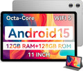 Android Tablet, 11 Inch Android 15 Tablet 2025, Octa-Core, 12GB RAM 128GB Storage 1TB Expandable, 13MP Dual Cameras 5MP Front, 8000Mah, GPS, Dual Speakers, Face Unlock, Wifi 5 BT5.0 - Gray