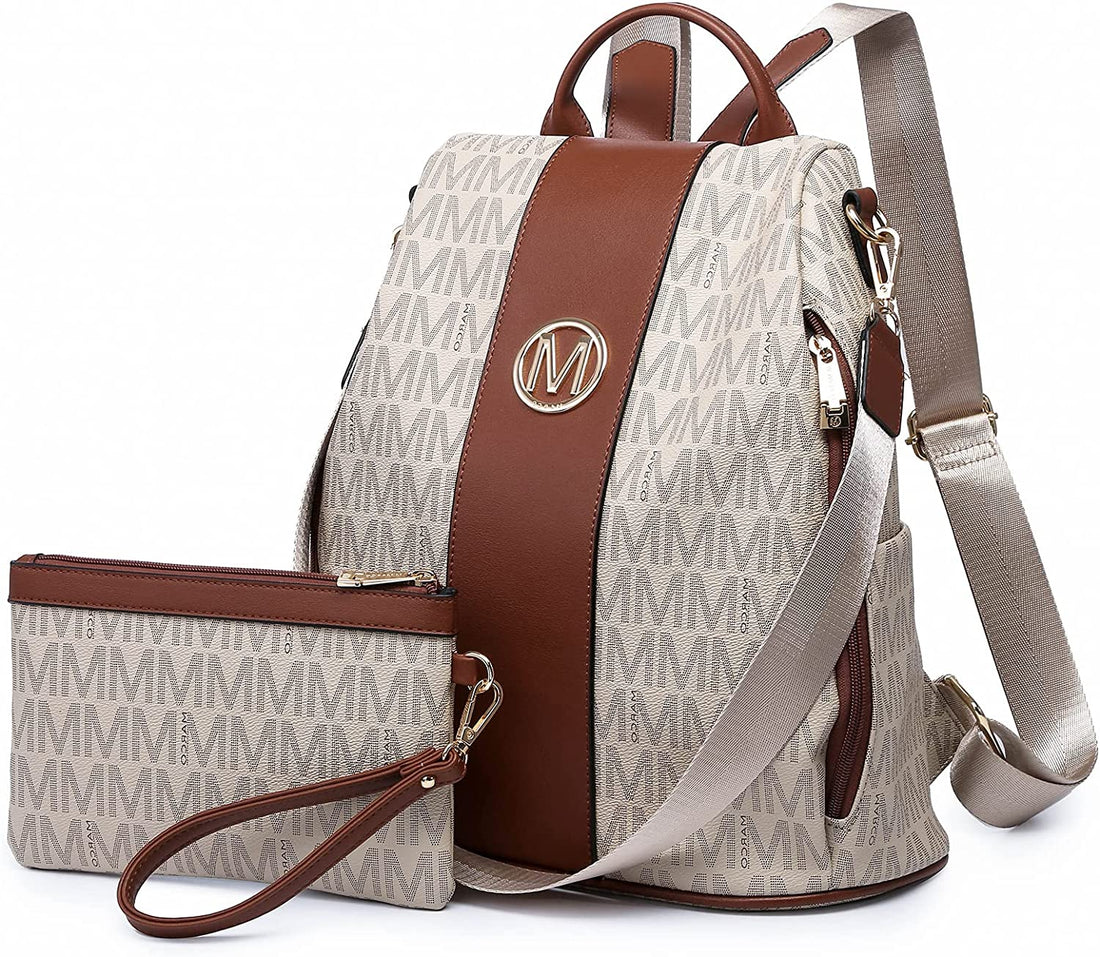 Women Fashion Backpack Purse Multi Pockets Anti-Theft Rucksack Travel Shoulder Bag Handbag Set 2Pcs