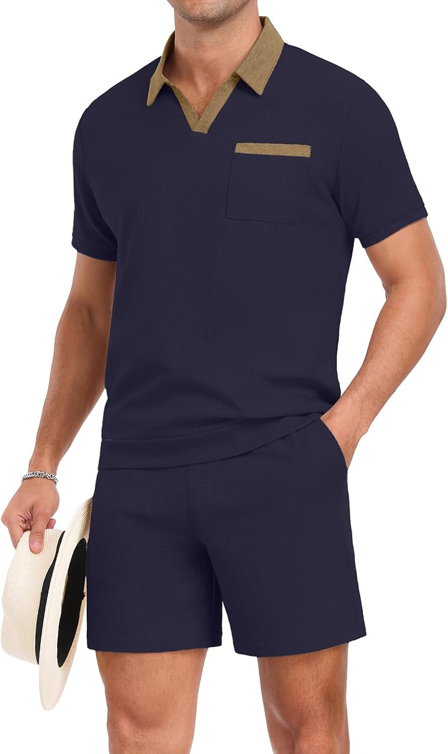 Men'S Summer Track Suits Waffle Knit Polo Shirt and Shorts Set Casual 2 Pieces Outfits with Pockets