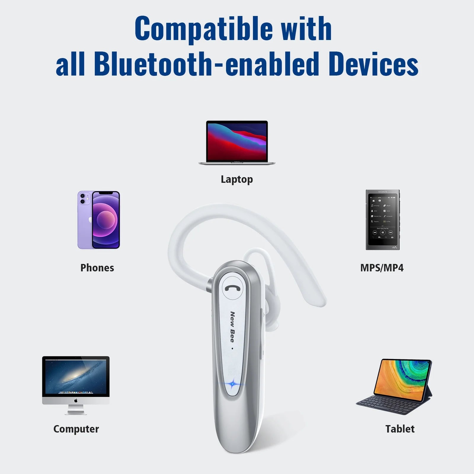 Bluetooth Earpiece,Wireless Handsfree In-Ear with Microphone, 20 Hrs Talking Time 180 Days Standby Time Bluetooth V5.0 Headset for Iphone/Android/Business/Trucker/Driver,White