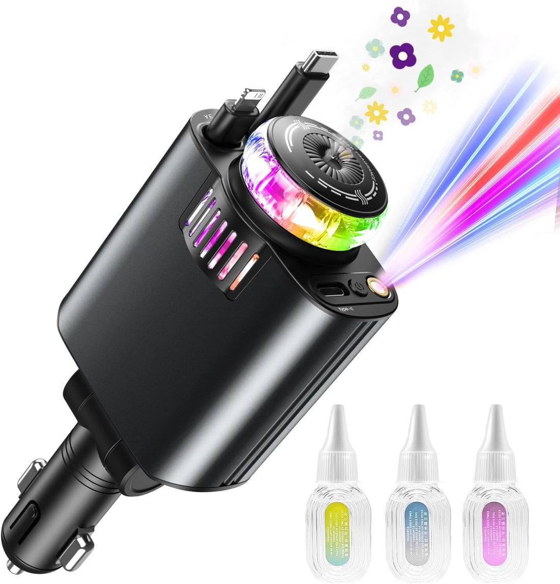 Retractable Car Charger with Starlight Essential Oil Diffuser, USB C Car Charger Adapter, Compatible with Iphone 16/16 Pro Max/15/14/13/12/11, Samsung Galaxy S24/S23/S22/S21, Pixel